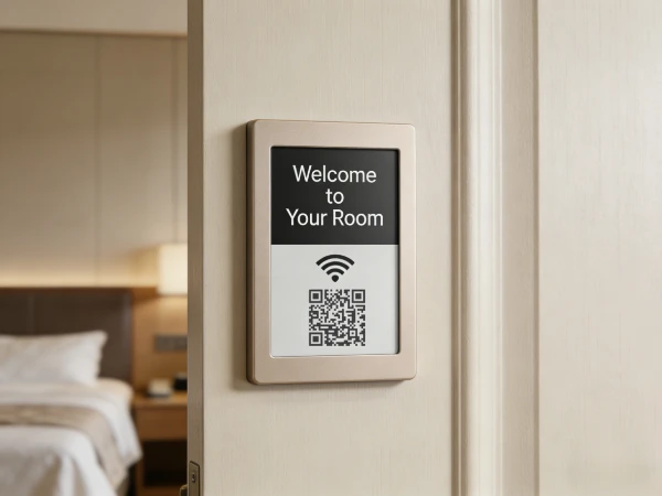 E-ink electronic shelf label mounted on a hotel room door plate displaying guest welcome message E-ink electronic shelf label mounted on a hotel room door plate displaying guest welcome message